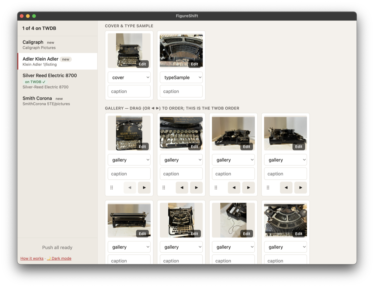 FigureShift's photo view, tagging each photo's role and arranging the gallery order
